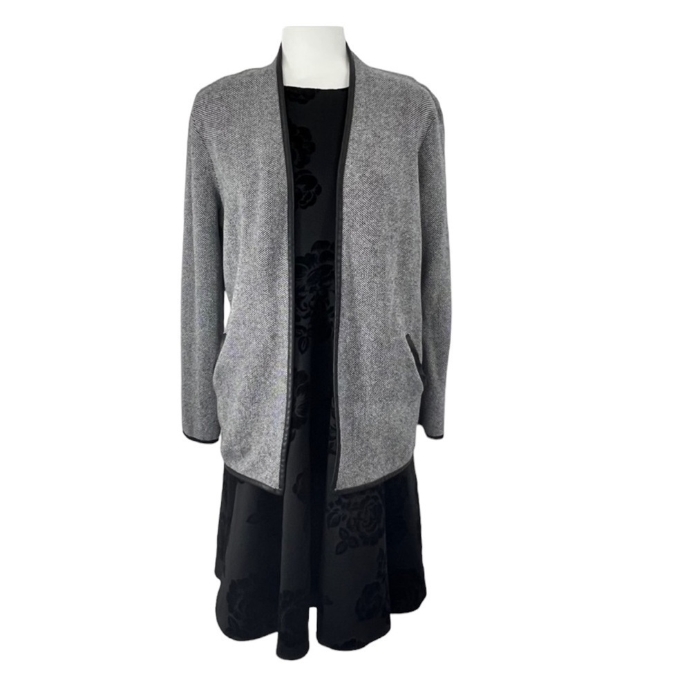 Chico's Black White Birdseye Blazer Faux Leather Trim Size 1